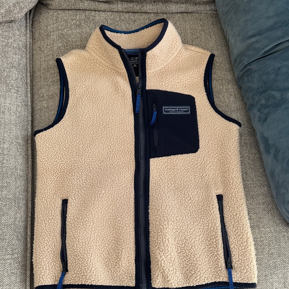 Vineyard Vines Boy’s Sherpa Vest in Tan and Navy